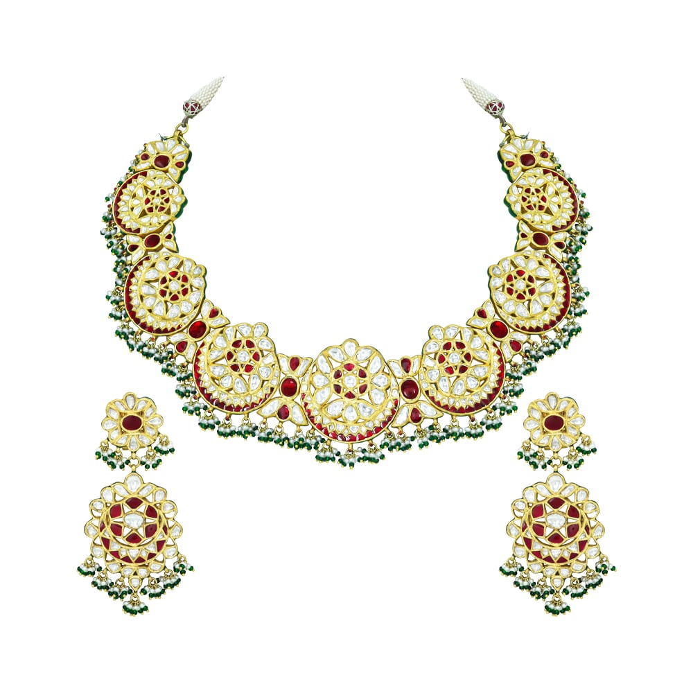 Crescent Polki Necklace Set with Red Talaf, Emeralds, and Pearls
